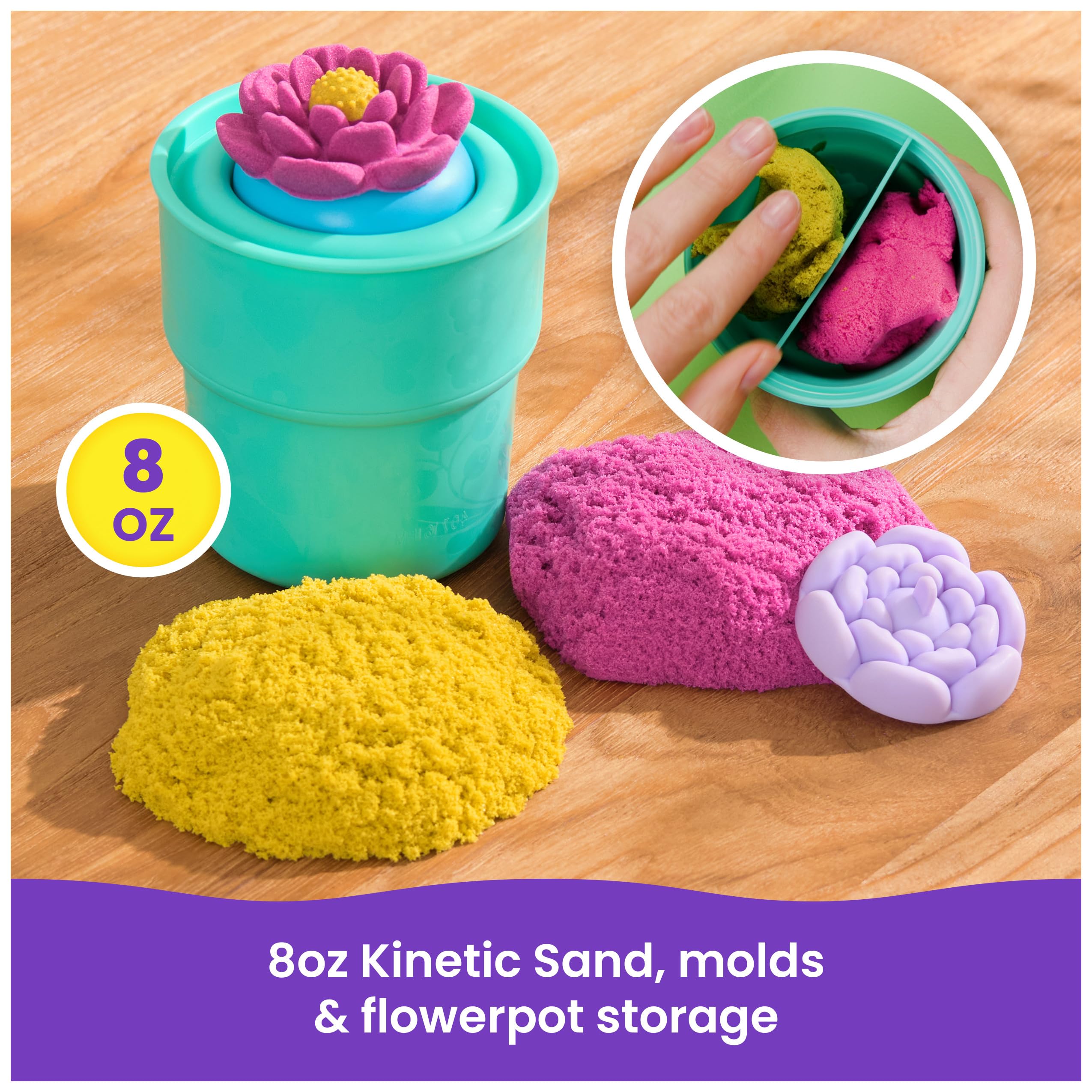 Kinetic Sand SquishBlossom Blooming Flower with 8oz Neon Yellow & Pink Play Sand, Pot & Molds, Arts and Crafts Sensory Toys, Holiday Gifts & Stocking Stuffers for Kids Ages 3 and up
