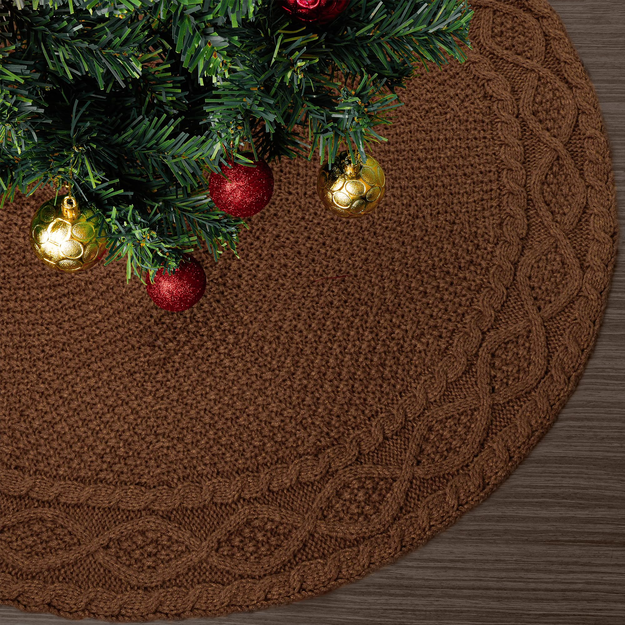 Photo 1 of 24 inch Coffee Knitted Christmas Tree Skirt for 4 Ft Tree - Luxury Thick Rustic Xmas Decoration for Pencil Trees Christmas Home Decor(Coffee, 24" 2510)