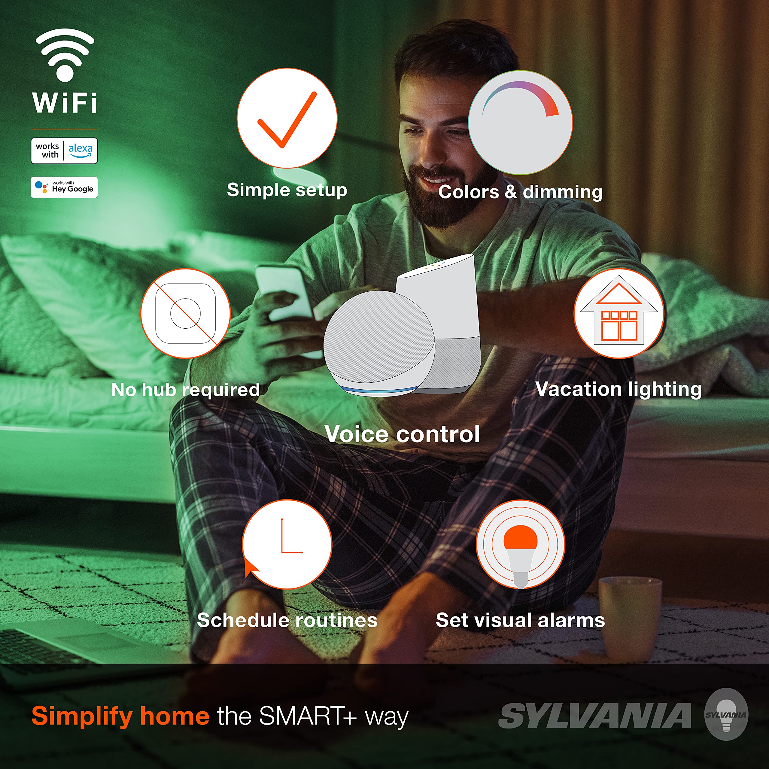 SYLVANIA Wifi LED Smart Light Bulb, 60W Equivalent Full Color and Tunable White A19, Dimmable, Compatible with Alexa and Google Home Only - 4 Pack (75674) - View 5