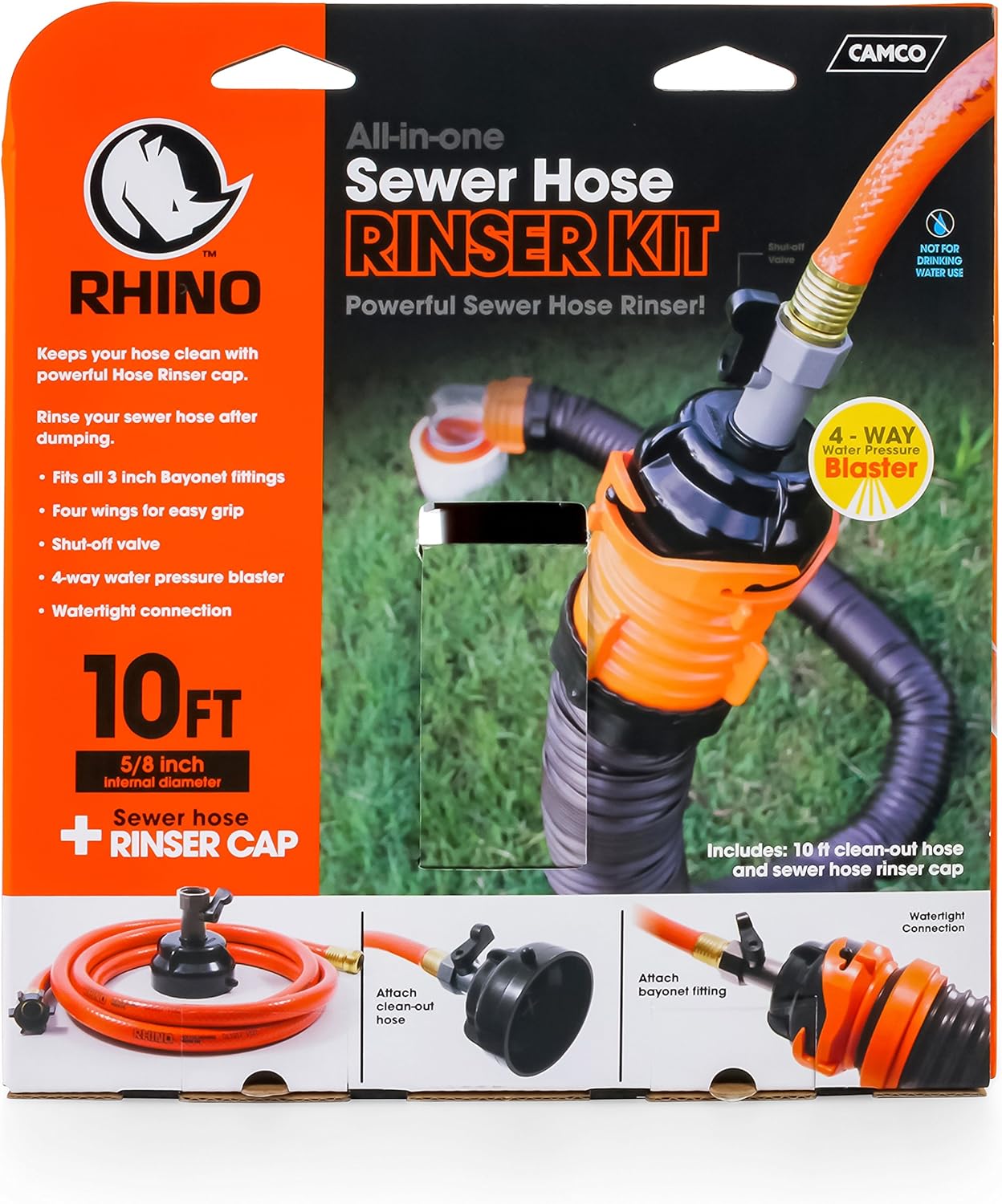 Camco 22999 Orange RhinoFLEX Gray Clean System with Hose and Jet Rinser Cap-Ideal for Flushing Black, Grey Water or Tote Tanks 5/8" Inside Diameter: Automotive