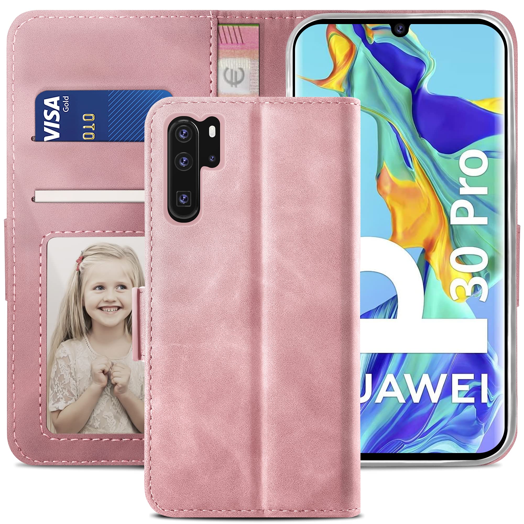 YATWIN Compatible with Huawei P30 Pro Case, Flip Wallet Leather Case with Card Slot and Shockproof Function Kickstand Phone Cases Cover for Huawei P30 Pro - Pink