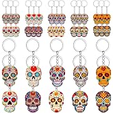 AUGSUN 30Pcs Day of the Dead Keychain Sugar Skull Theme Keychains Bulk | Dia de Los Muertos Keychain Decorations, Acrylic Halloween Skeleton Head Skull Key Chain Charms for Party Favor Goodies Bag