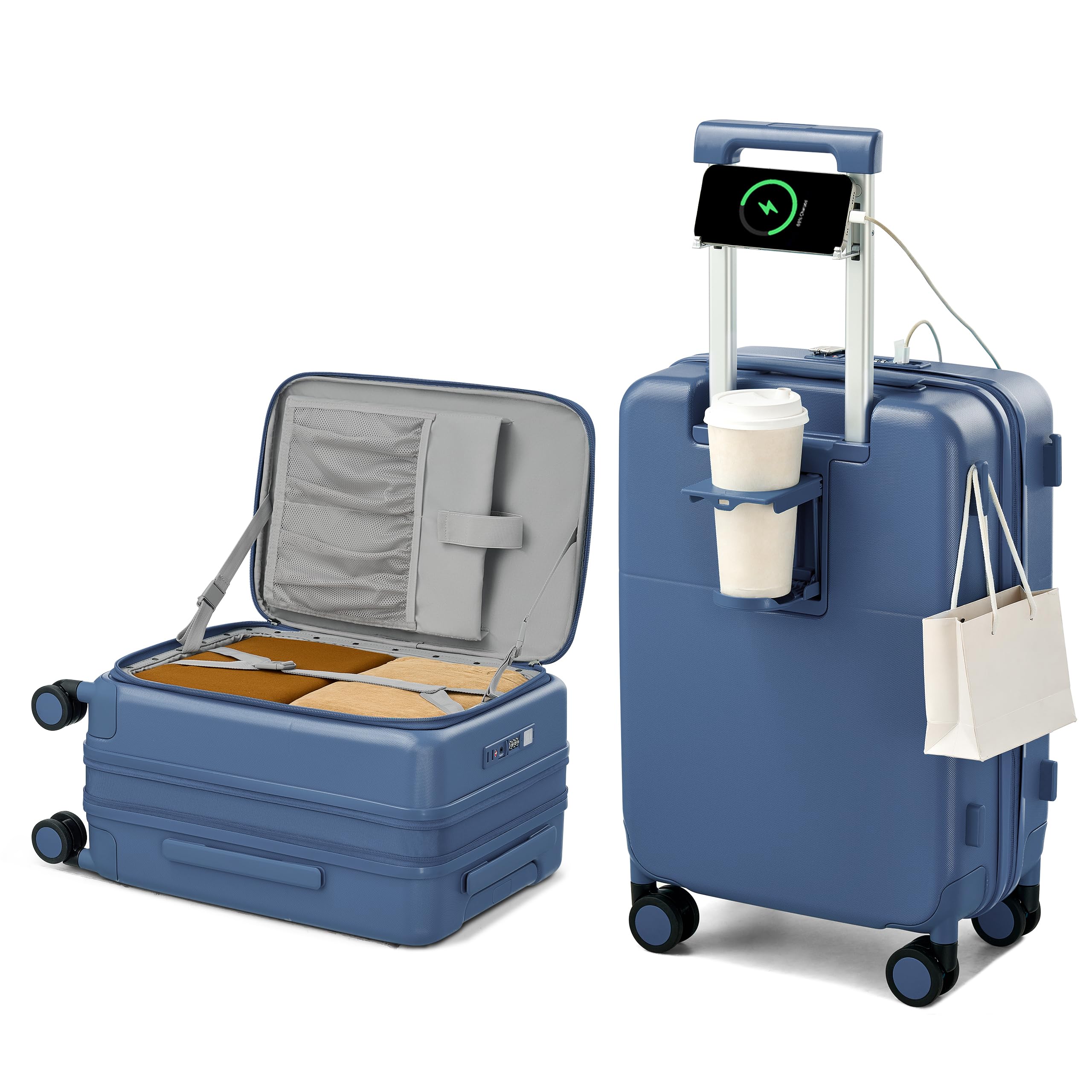 Photo 1 of Hanke 20 Inch Expandable Carry On Luggage with Cup Holder 22x14x9 Airline Approved, Top Opening Hard Shell Suitcases with Wheels, Carry-On Travel Suitcase Trunk Luggage with Lock, Interstellar Blue