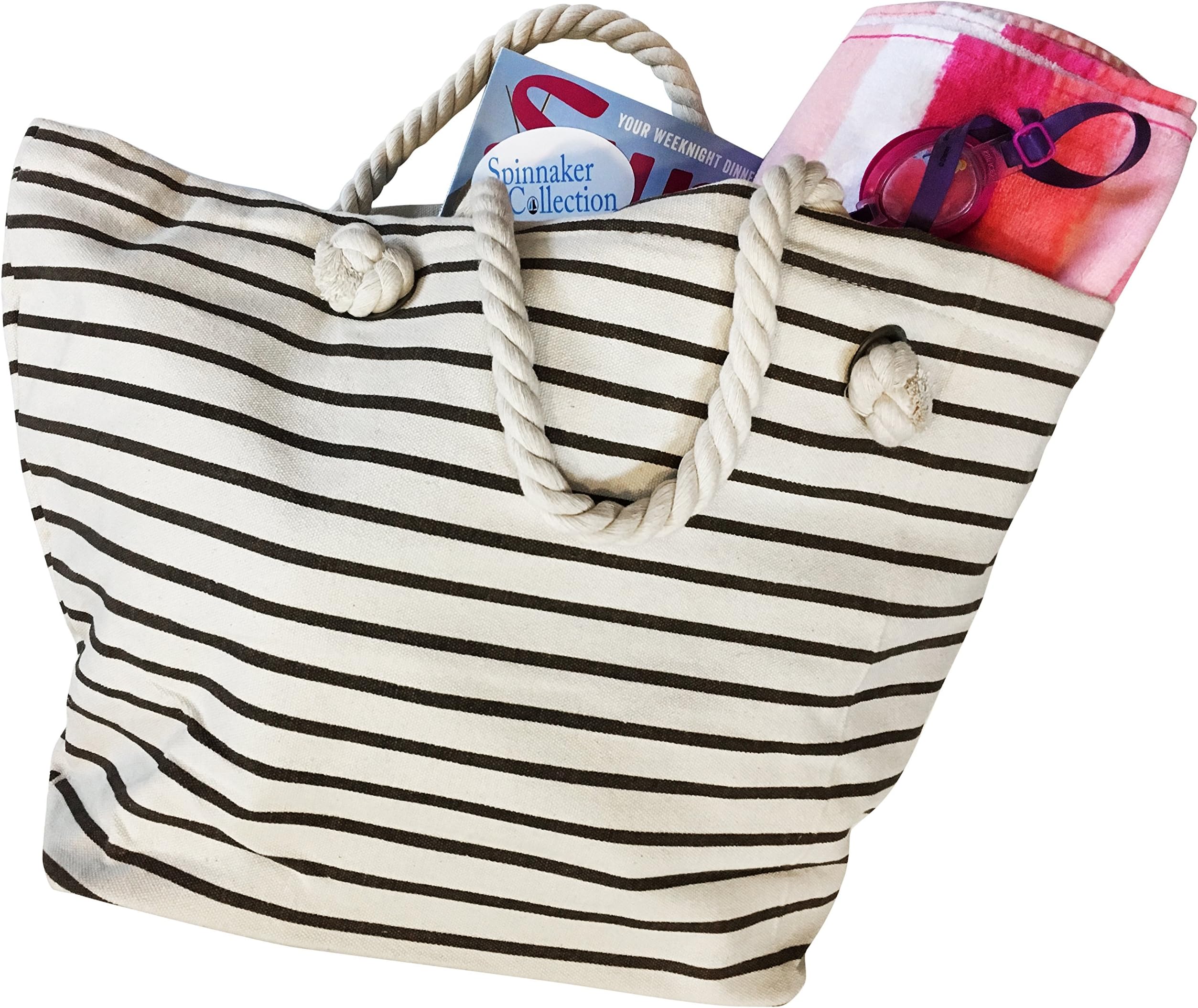 Canvas Bag with Chocolate Brown Stripes, Zipper top and Liner. - Purse, Handbag, Beach Bag, Small Tote