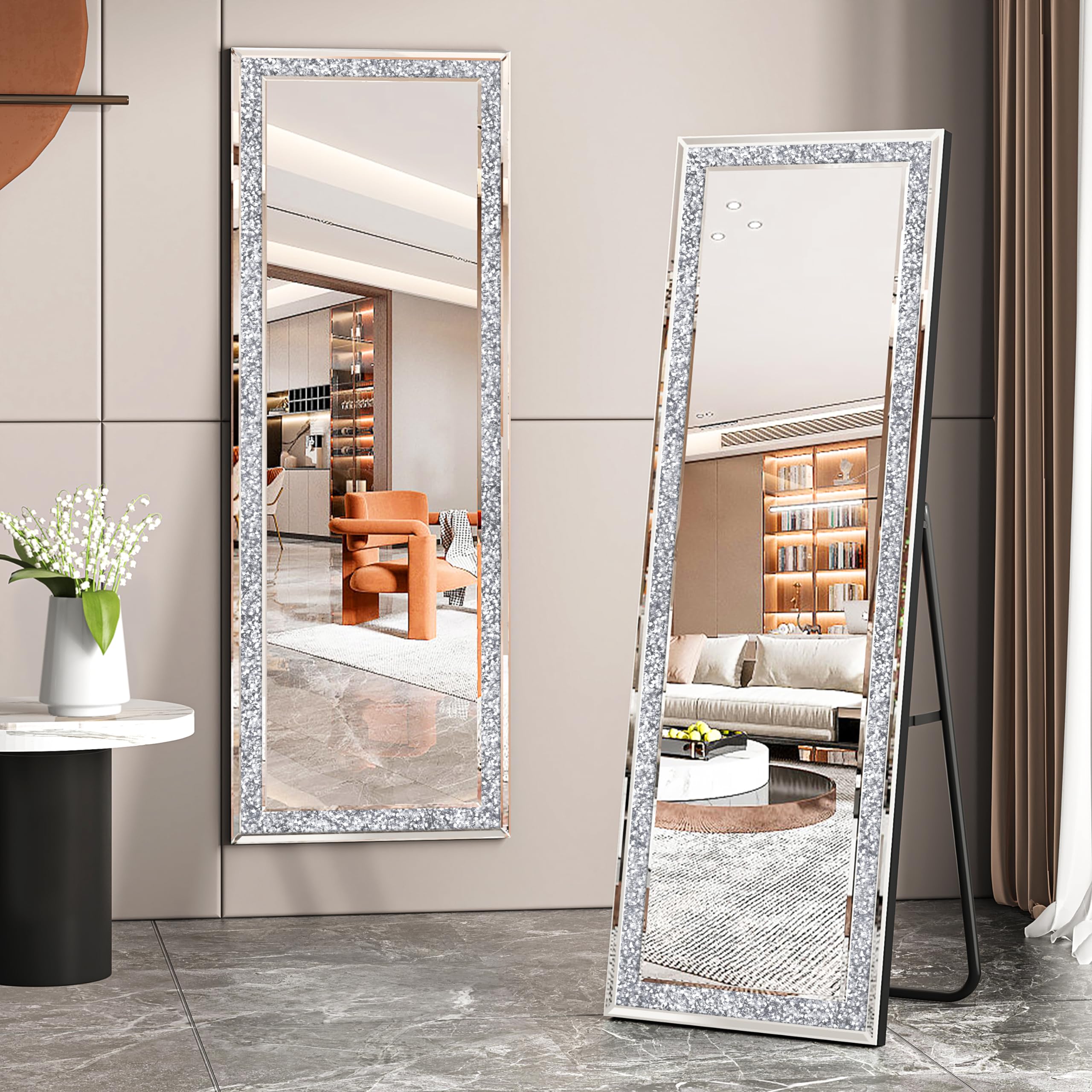 Photo 1 of MUAUSU Crystal Full Length Floor Mirror- 59"×18" Crushed Diamond Full Body Mirror Silver Long Standing Mirror for Bedroom Living Room Bathroom Wall Mounted