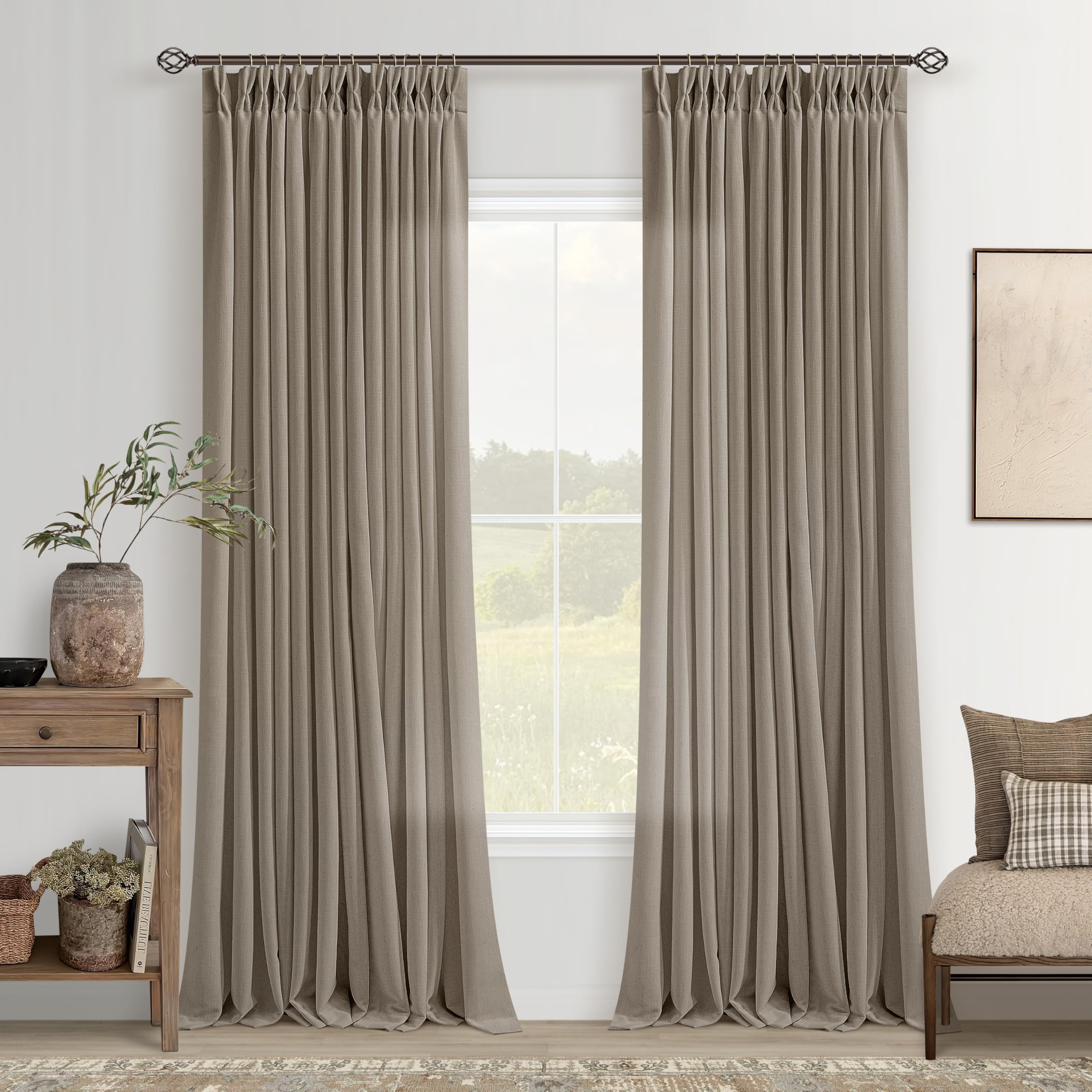 Photo 1 of Dark Flax Curtains 102 Inches Long Pinch Pleated for Living Room 2 Panels Set Greyish Beige Pinch Pleat Drapes Back Tab Farmhouse Ceiling Floor 102 Inch Window Curtains Bedroom Burlywood Birch Taupe