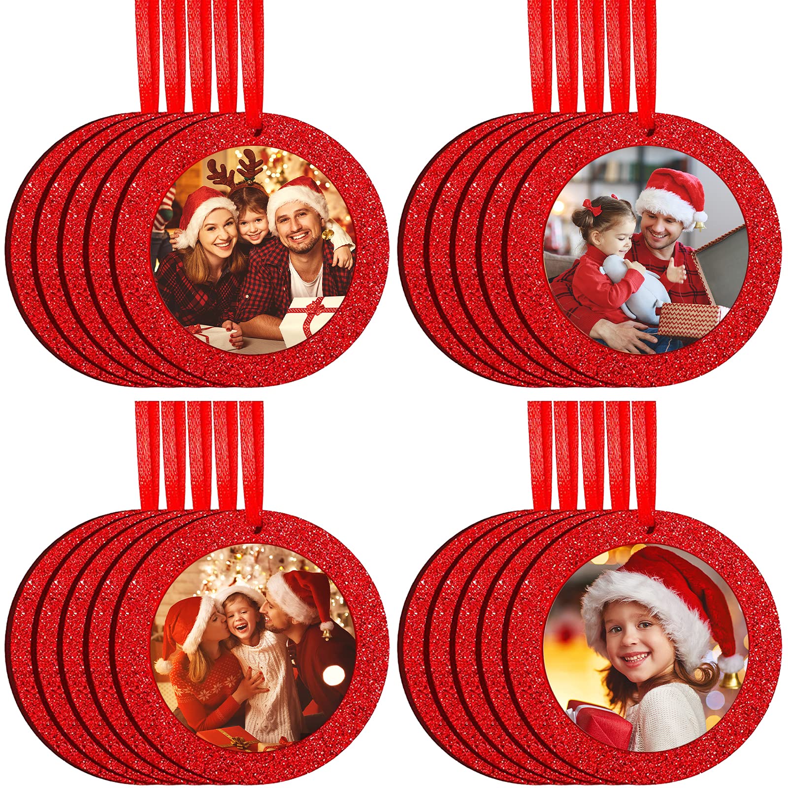 20 Piece Christmas Photo Ornament Frames - Glitter Picture Frames Felt Hanging for Holiday Tree Decoration (Red, Round)