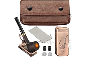 KEJIAR Tobacco Pipe Set, Handmade Wooden Pipe, Soft Flame Pipe Lighter and Smoking Pouch Set.Equipped With Pipe Cleaning Strips, Flame Retardant Mesh, Filters and Lighter, Comes with 3 Collapsible Pipe Cleaning Tools and Pipe Racks, Great Gift For Men (Gas Free)