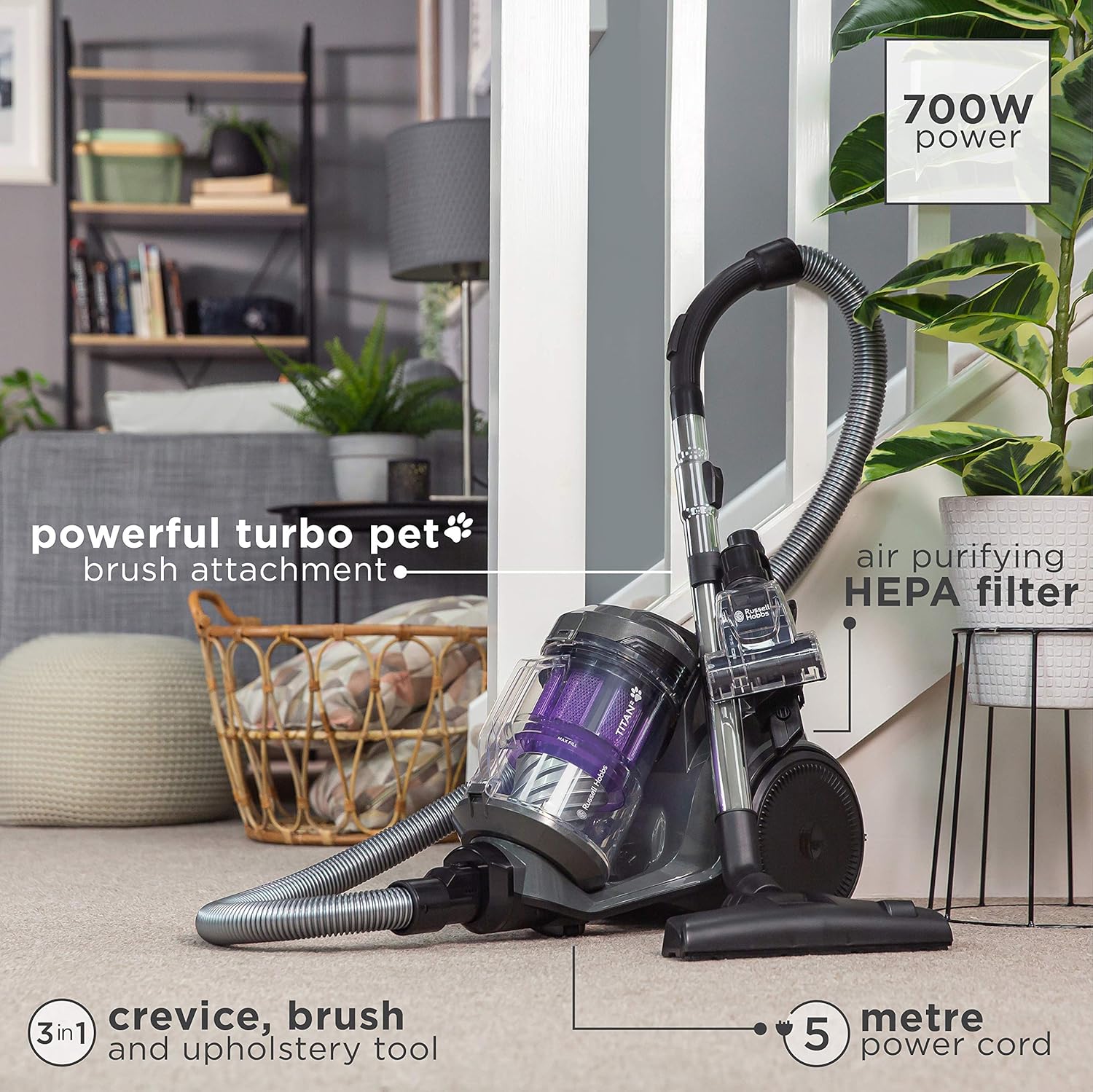 Russell Hobbs® Titan2 Pet Multi-Cyclonic Cylinder Vacuum Cleaner 3L Dust Capacity Powerful 700W High Efficiency Motor - Image 3