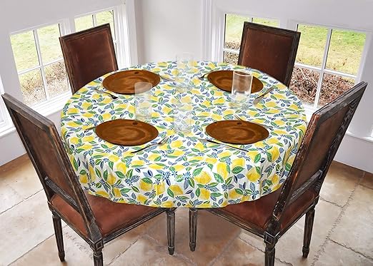 Amazon Com Covers For The Home Deluxe Stitched Edged Flannel Backed Vinyl Drop Tablecloth Contemporary Lemon Pattern 70 Round Kitchen Dining