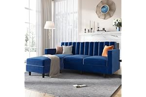 HONBAY Velvet Sectional Sofa, L Shaped Couch with Reversible Chaise for Small Apartment, Blue