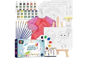 KEFF Acrylic Paint Set for Kids - Non Toxic Washable Paint - 32 Pcs Painting Kit for Kids with Blank & Pre-Drawn Canvas Boards, Wooden Easel, Brushes, Mixing Palette, Washing Cup & Pink Smock