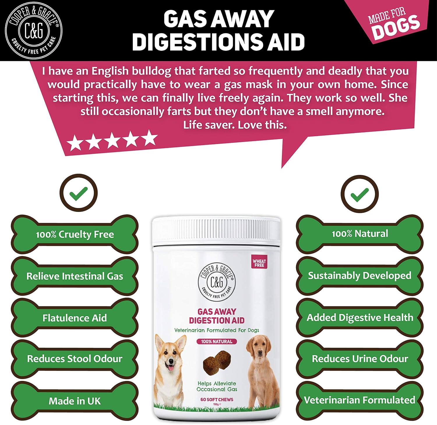 C&G Pets Gas Away Digestion Aid 60 Soft Chews, Gas & Flatulence Supplement Aid for Dogs Relieve Gas and Bloating Discomfort - Image 3