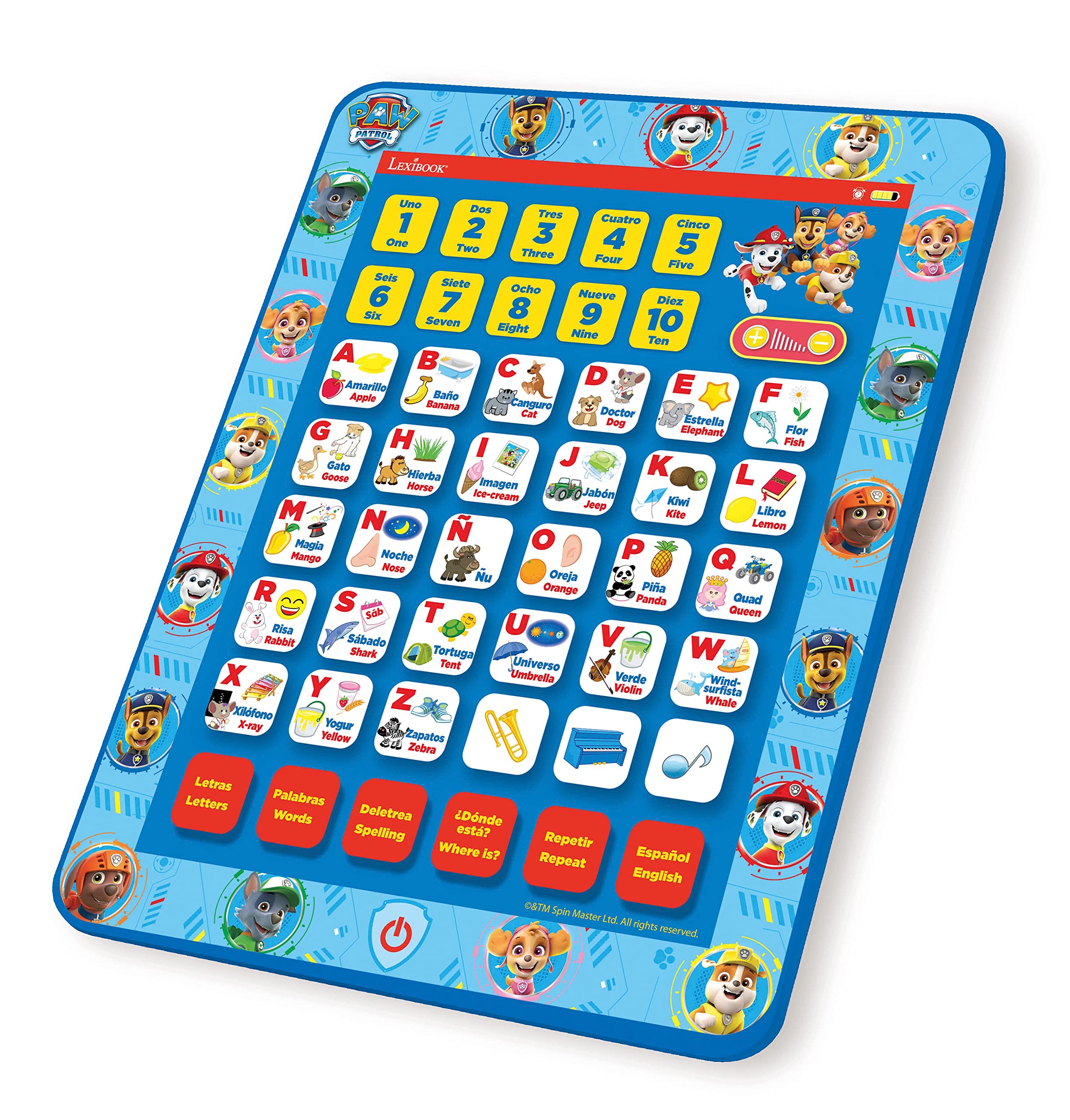 LEXIBOOK, Paw Patrol, Educational Bilingual Interactive Learning Tablet, Toy to learn alphabet letters numbers words spelling and music, English/Spanish, Blue, JCPAD002PAi2