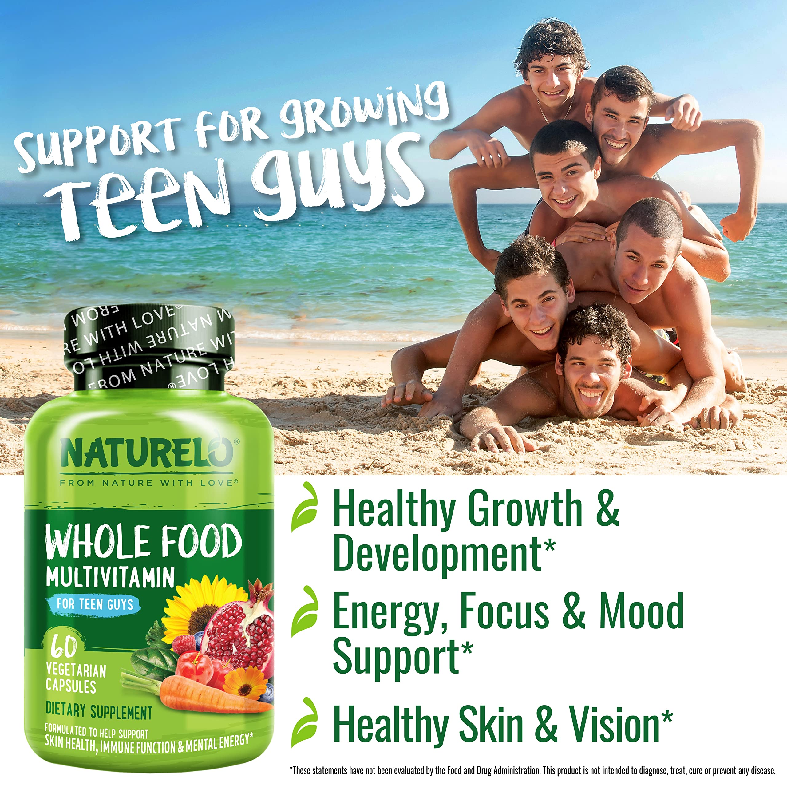 NATURELO Teen Multivitamin - Whole Food Multivitamin for Teenage Boys - Minerals Supplement for Active Kids - with Plant Extracts - Non-GMO - Vegan & Vegetarian - 60 Capsules