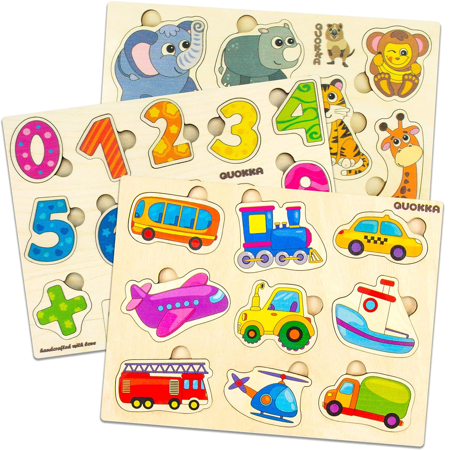 Quokka Wooden Puzzles For Toddlers 1 2 3 Year Olds Kids And Babies Matching Game For Learning Numbers Vehicles Animals Educational Wood Preschool Toys For Boys And Girls Ages 1 3 3 Pack