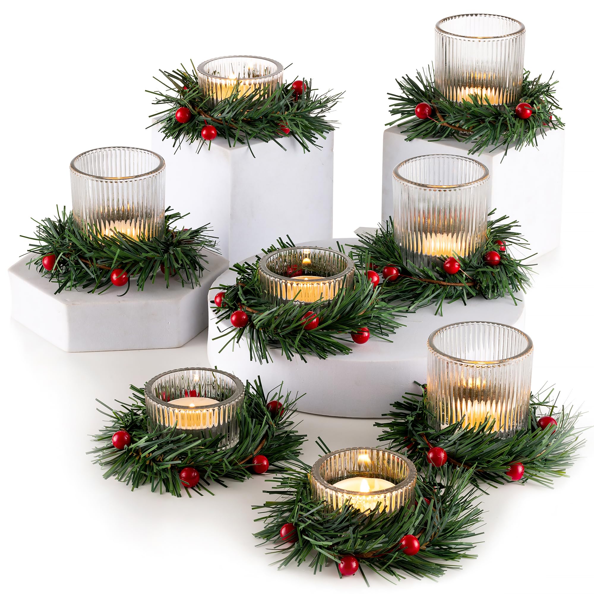 Glasseam Christmas Candle Holder Glass: Tea Light Candle Holders Clear with Candle Wreath Ring Set of 8 Tealight Holders for Christmas Table Decoration Votive Candle Holder for Centrepiece Home Decor