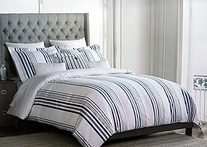 Tahari Home Bedding 3 Piece King Size Bed Reversible Duvet Cover Set Linen Texture Blue Beige Stripes of Varying Widths on a White Background