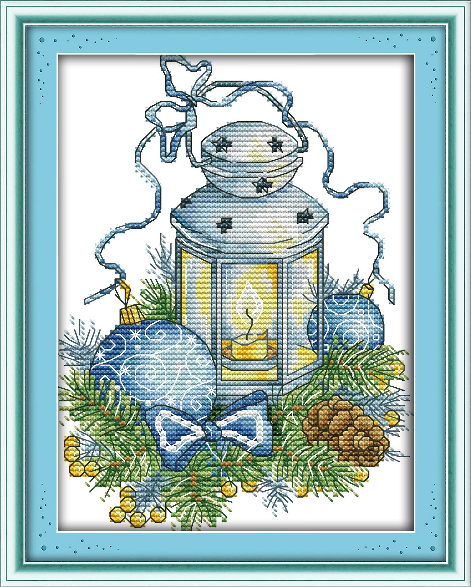 OWN4B Cross Stitch Kits Stamped, The Blue Christmas Lights Printed Pattern 11CT 8.7x11.0 inch DIY Embroidery Kit
