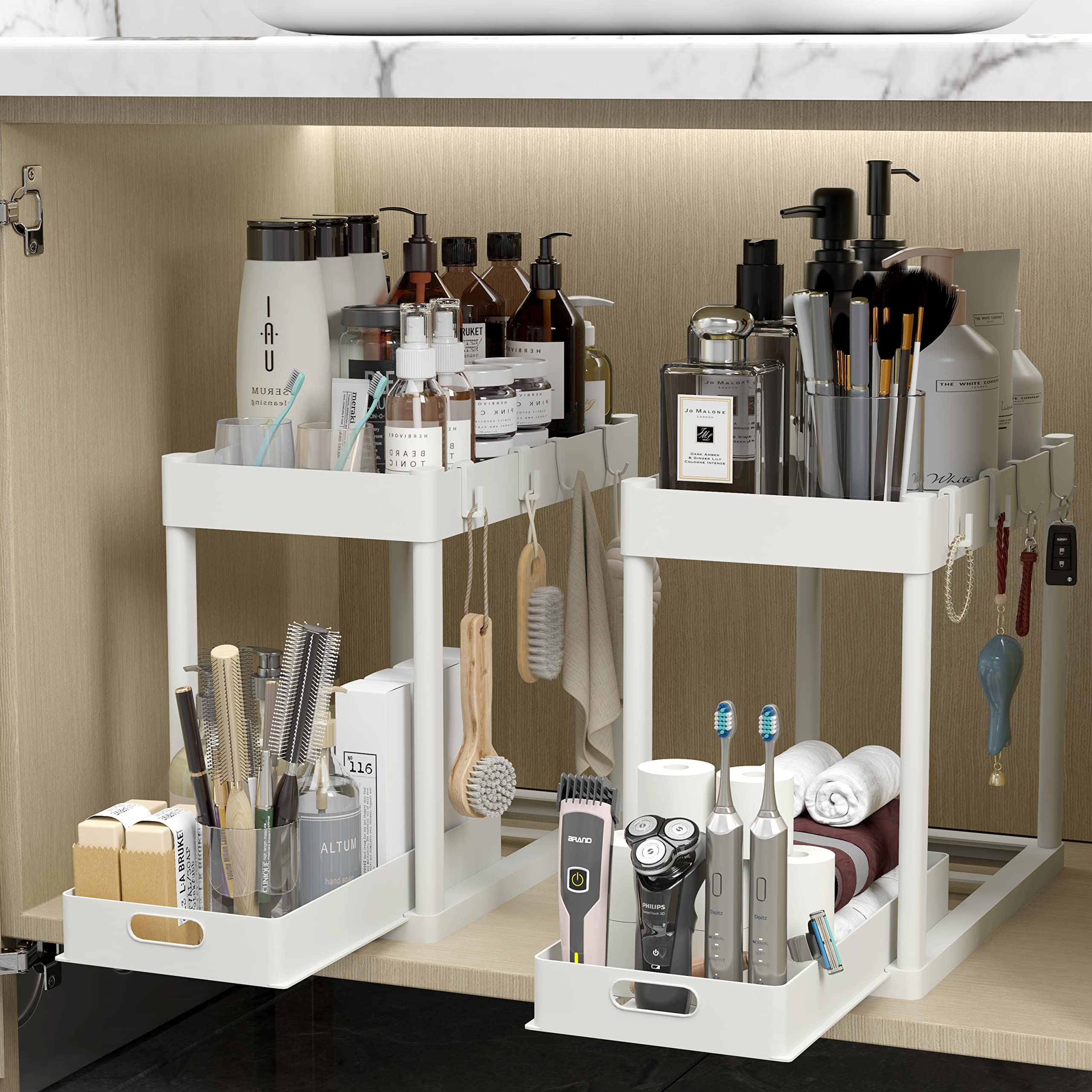 Photo 1 of POUGNY 2PC Under Sink Organizer Rack 2 Tier Under Sliding Cabinet Basket Organizer Drawer with 4 Hooks, Multi-purpose Under Sink Storage for Bathroom Kitchen Desktop?White?