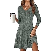 ANRABESS Women Long Sleeve Ribbed Knit Short Dresses 2026 Spring V Neck Casual Swing A Line Sweater Dress