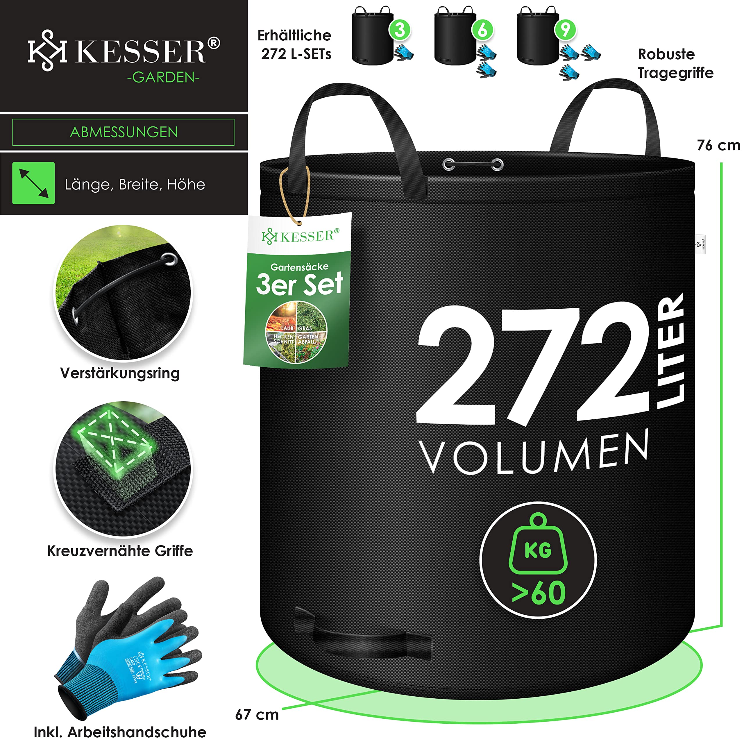 KESSER® Gartensack 3x 272L Set Laubsack Gartenabfallsack inkl. Handschuhe - Selbststehend 4 Griffe Stabil Robust & Faltbar - Laubsäcke Rasenschnitt für Gartenabfälle Grünschnitt Schwarz 7