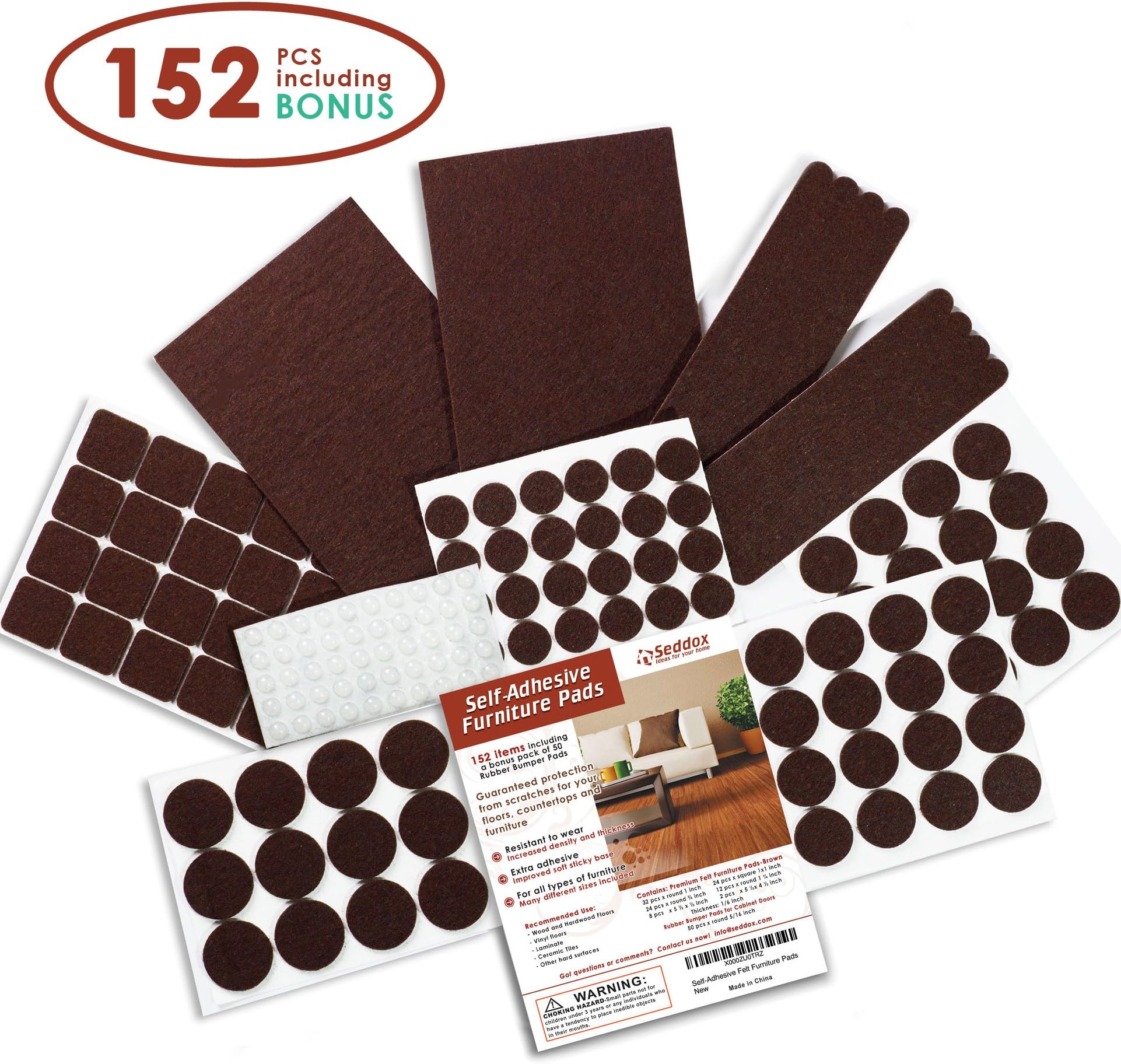 Seddox Premium Felt Furniture Pads Set - 152 Pieces Including Bonus Rubber Bumper Pads - Self Stick Extra Adhesive Hardwood Floor Protectors, Felt Pads for Furniture Feet Brown