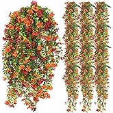 FineCheer 12 Pcs Fall Artificial Hanging Flowers Plants for Outdoor Decoration Fake Silk Mums UV Resistant Daisy Look Real Autumn Violets with Eucalyptus Trailing Vines Porch Patio Yard Garden Balcony