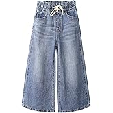 KIDSCOOL SPACE Girls Jeans, 5-14T Wide-Leg Loose Elastic Waist with String Flared Denim Pants
