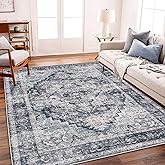 CHAMPLANT Area Rug 6'x9' Dark Blue Washable Vintage Traditional Floor Cover Thin Retro Kitchen Indoor Distressed Non Slip Carpet for Living Room Bedroom Dining Room