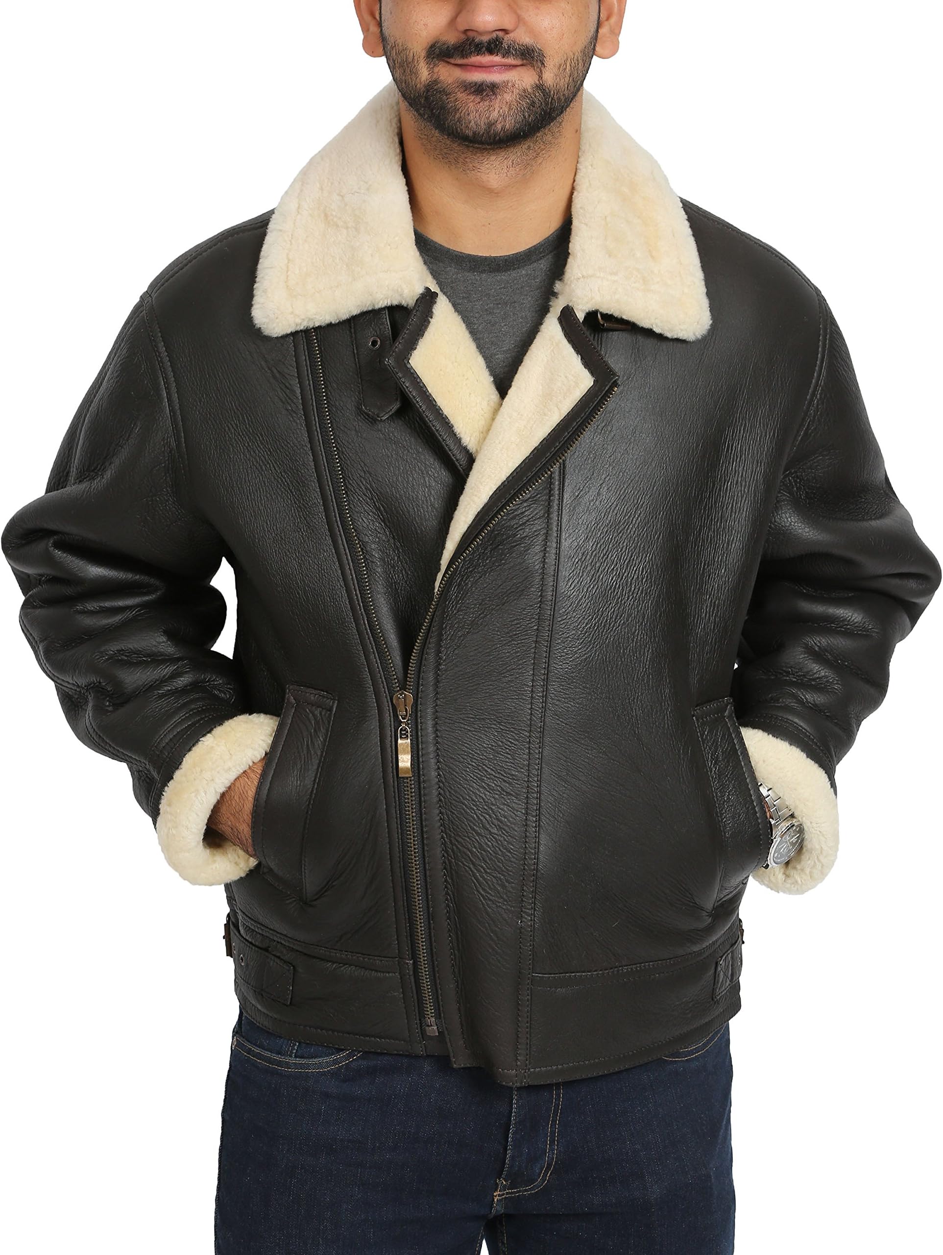 Mens Real Sheepskin Flying Leather Jacket Brown/White Aviator B3 Bomber Cross Zip Shearling Coat Blen