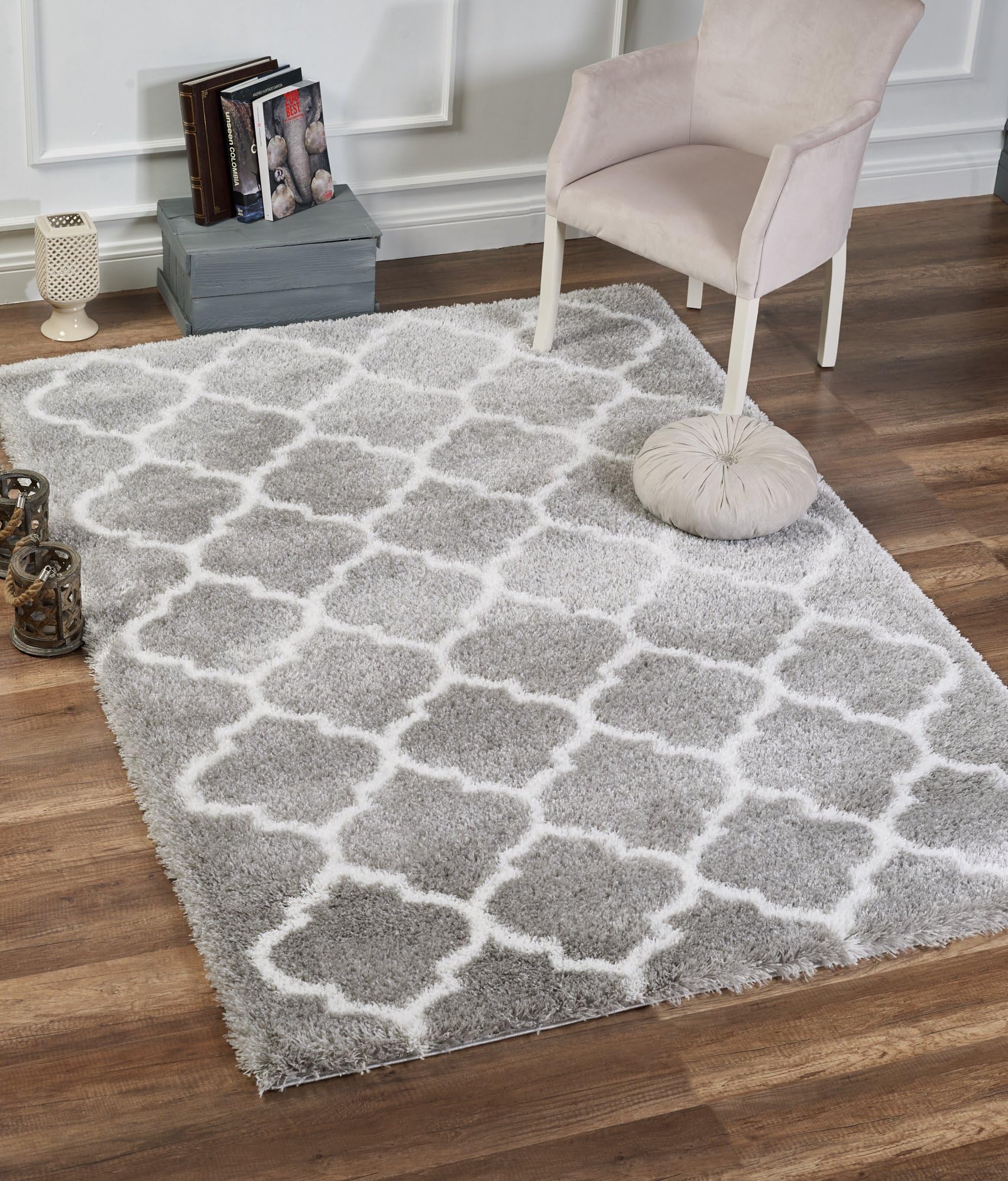 Delphia Rugs Modern Moroccan Trellis Design Thick Shag Pile Floor Rug 6x9 (Gray & White) for Living Room Dining Area and Bedroom