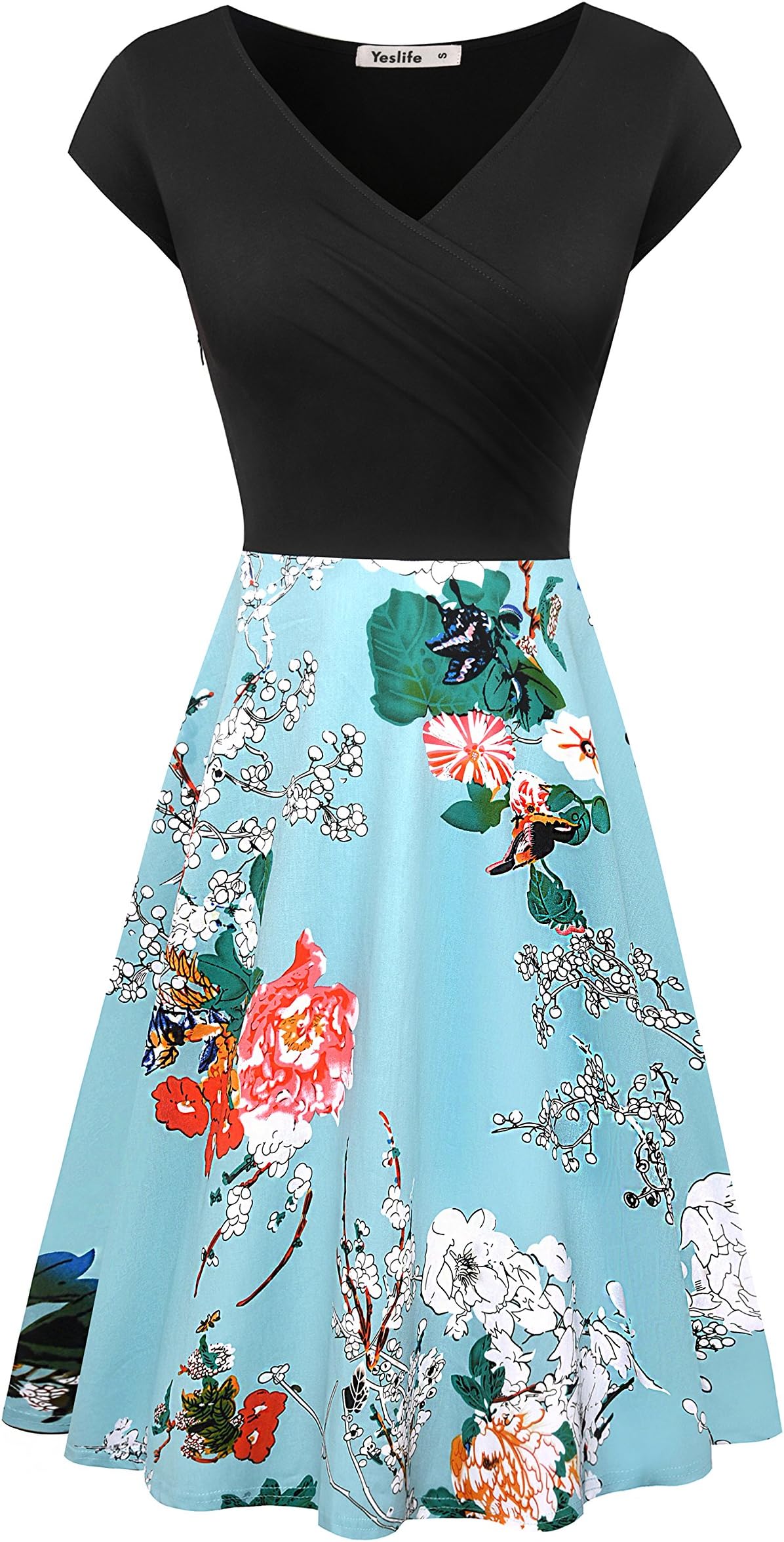 Yeslife Women's V-Neck Cap Sleeve Summer Casual Midi Dress Floral-02 S