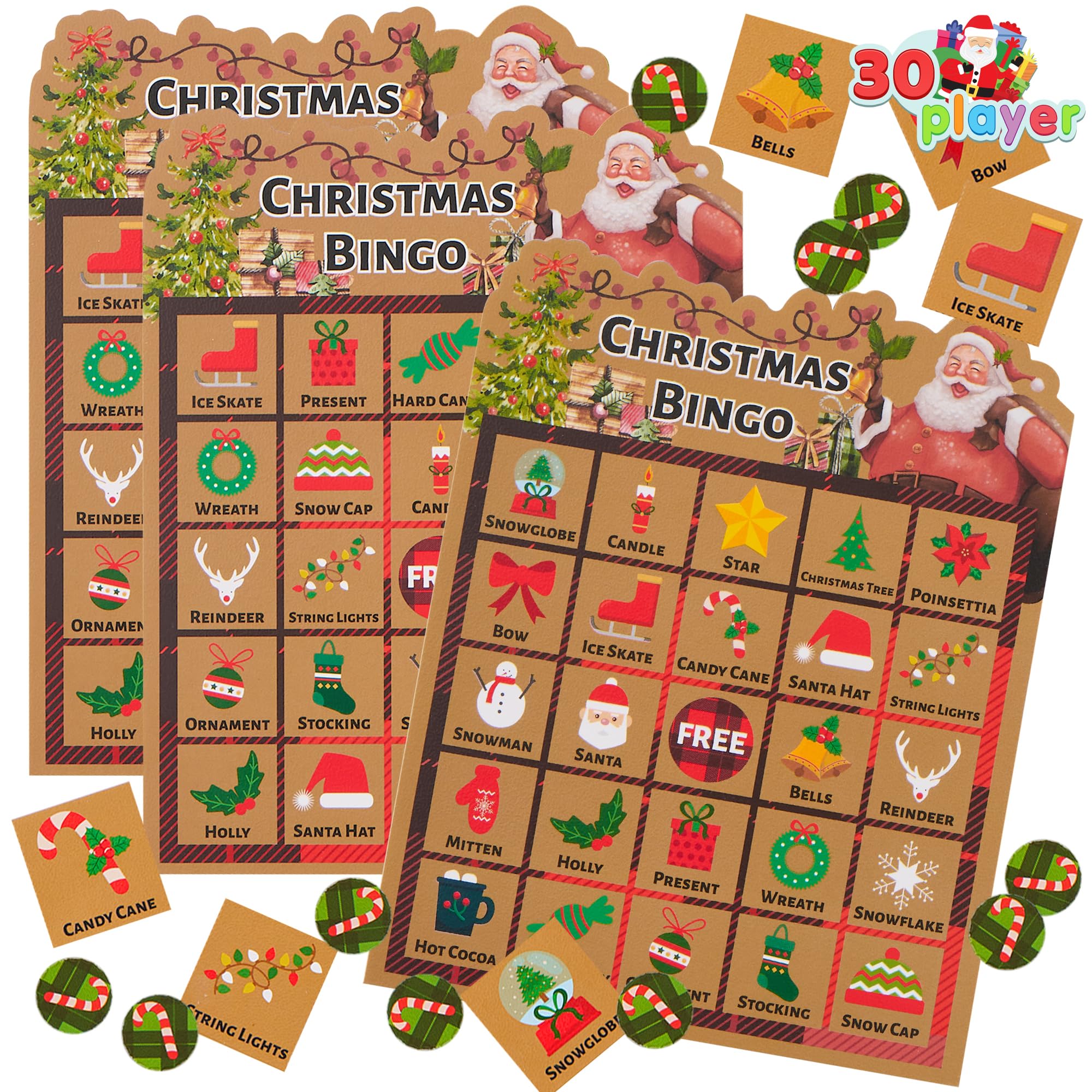 JOYIN 30 Players Christmas Bingo Game for Kids, Kraft Design Holiday Winter Bingo Cards for Classroom Family Large Group Activities, Xmas Party Supplies Bingo Card for Adults Indoor Games