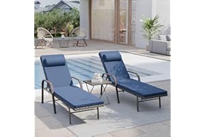 RTDTD 3 Pieces Patio Chaise Lounge Set Outdoor PE Rattan Armrest Lounge Chair Adjustable Backrest Reclining Chair with Folding Table and Cushion for Patio Poolside Backyard Porch Beach(Navy Blue)