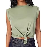 CIDER Crop Tops for Women Crew Neck T Shirts Short Sleeve Knotted Twist Front Loose Summer Basic Tee