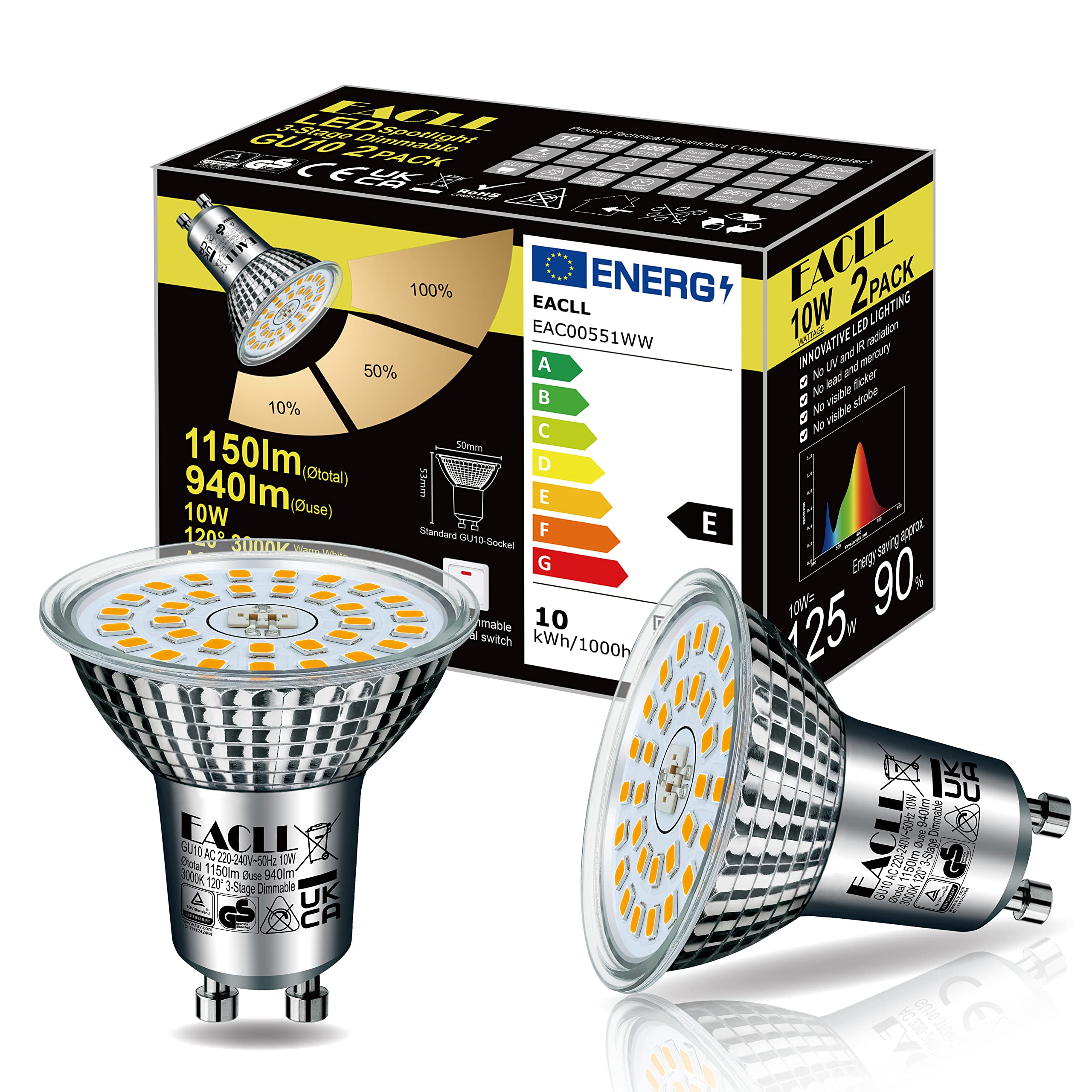EACLL GU10 LED Bulbs 3-Step Dimmable 3-Brightness, 10W 3000K Warm White, Pack of 2, 940lm Equivalent 125W Halogen Spotlight, 120° Flicker-Free Reflector Lamp, Dimmable Without Dimmer Switch — image 1