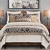 Paseo Road Chalet Aztec Western Bedding, 3 Piece King Comforter Set, Cream Brown Geometric Pattern, Chenille Jacquard Southwestern Indian Modern Rustic Comforter with Pillow Shams