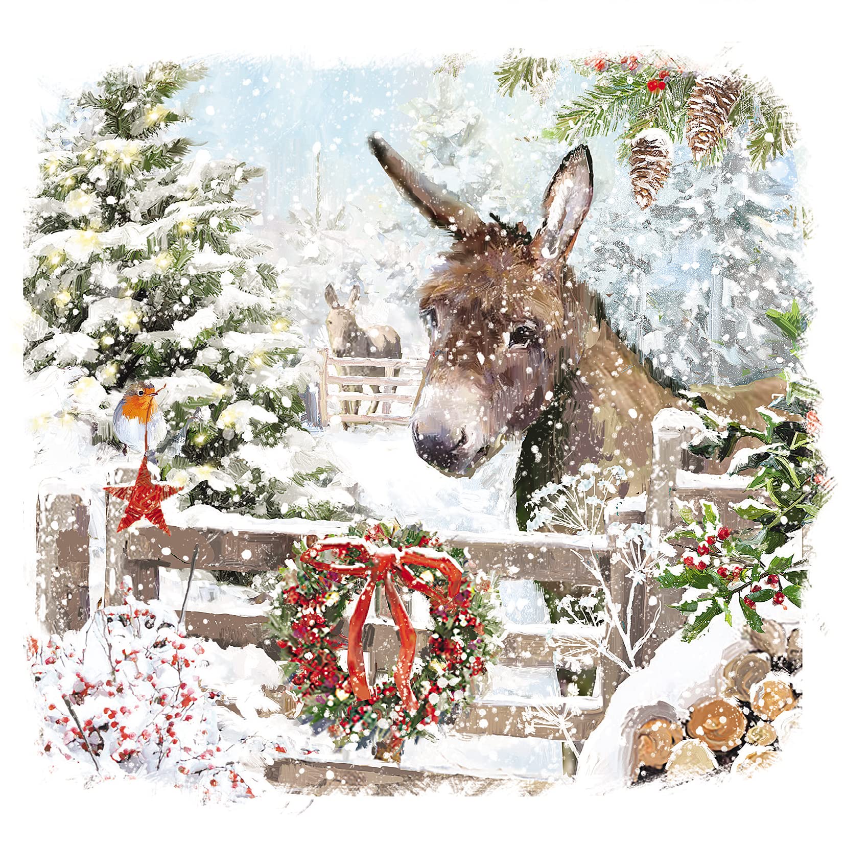 Ling Design Pack of 6 Charity Christmas Cards - 'Donkey with His Robin Friend' - 6 Cards of 1 Attractive Design