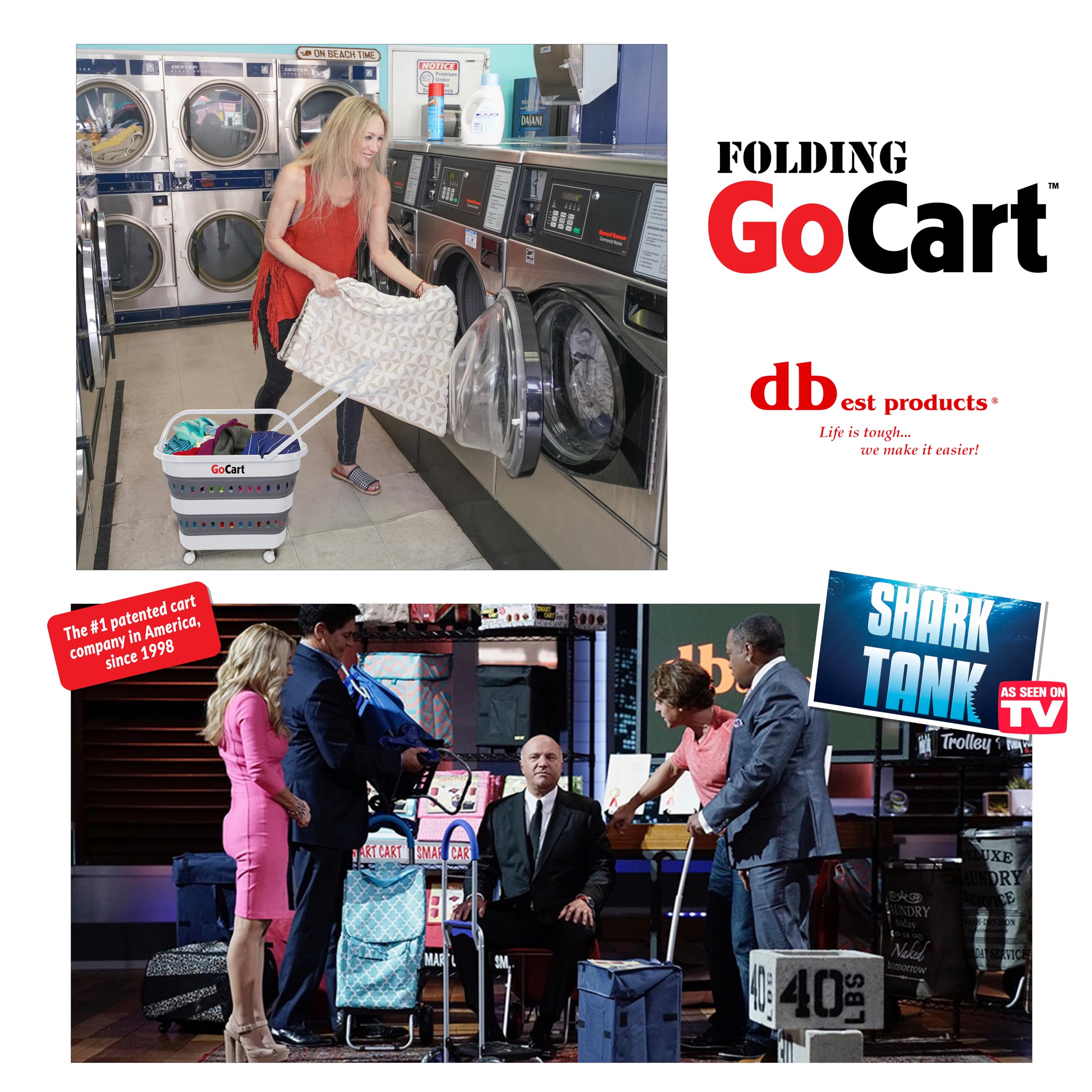 dbest products Folding Gocart Laundry Basket with Wheels, Multi Use Collapsible Grocery Shopping Cart, White