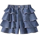 YJBQ Kids Girls Jean Shorts Loose Fit Soft Cotton Comfy Ruffle Children Pull On Denim Shorts - Ages 4 to 14