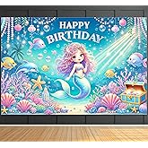 Indotribe Mermaid Birthday Decorations 6x4ft Mermaid Backdrop for Girls Birthday Happy Birthday Banner Girl Under The Sea Mermaid Backdrop for Kids Princess Party Favors