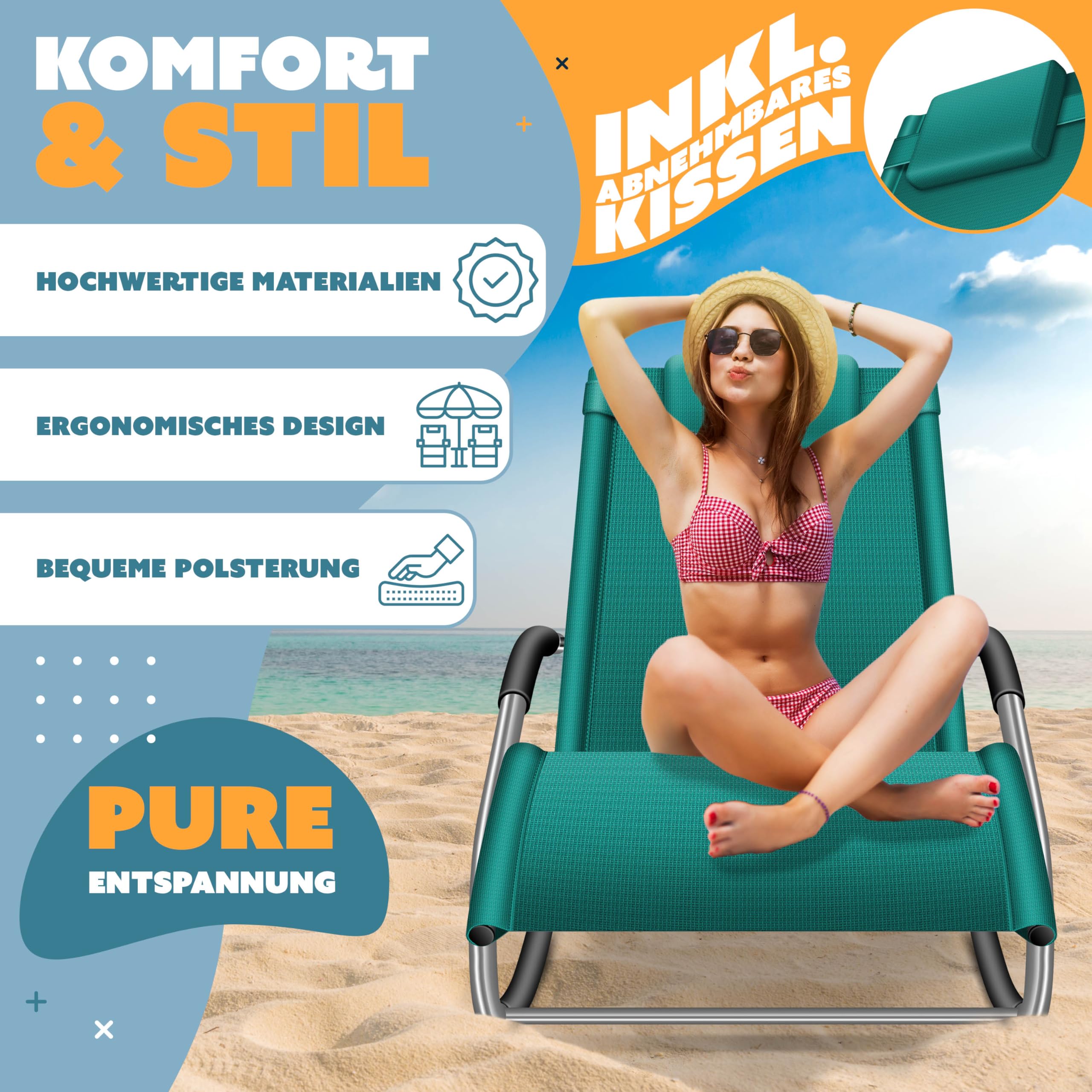 KESSER® Sonnenliege Relaxliege Schwungliege | Gartenliege | Gartenstuhl | Liegestuhl | Schaukelsessel | ergonomische Relaxsessel | Kopfkissen | wetterfest | 150 kg Belastung | Petrolgrün 2