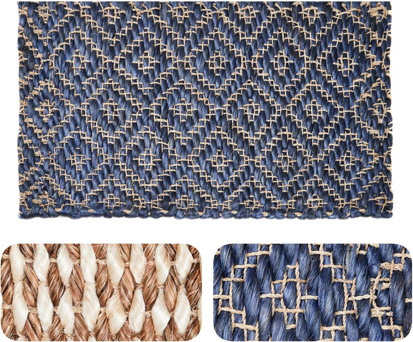 Doormat Handwoven Strongest Natural Fiber Abaca Decorative Durable Reversible Easy Clean Washable ECO-Friendly Non-Toxic Sustainable Long-Lasting Elegant Handmade (18” x 30", Blue/Cream)