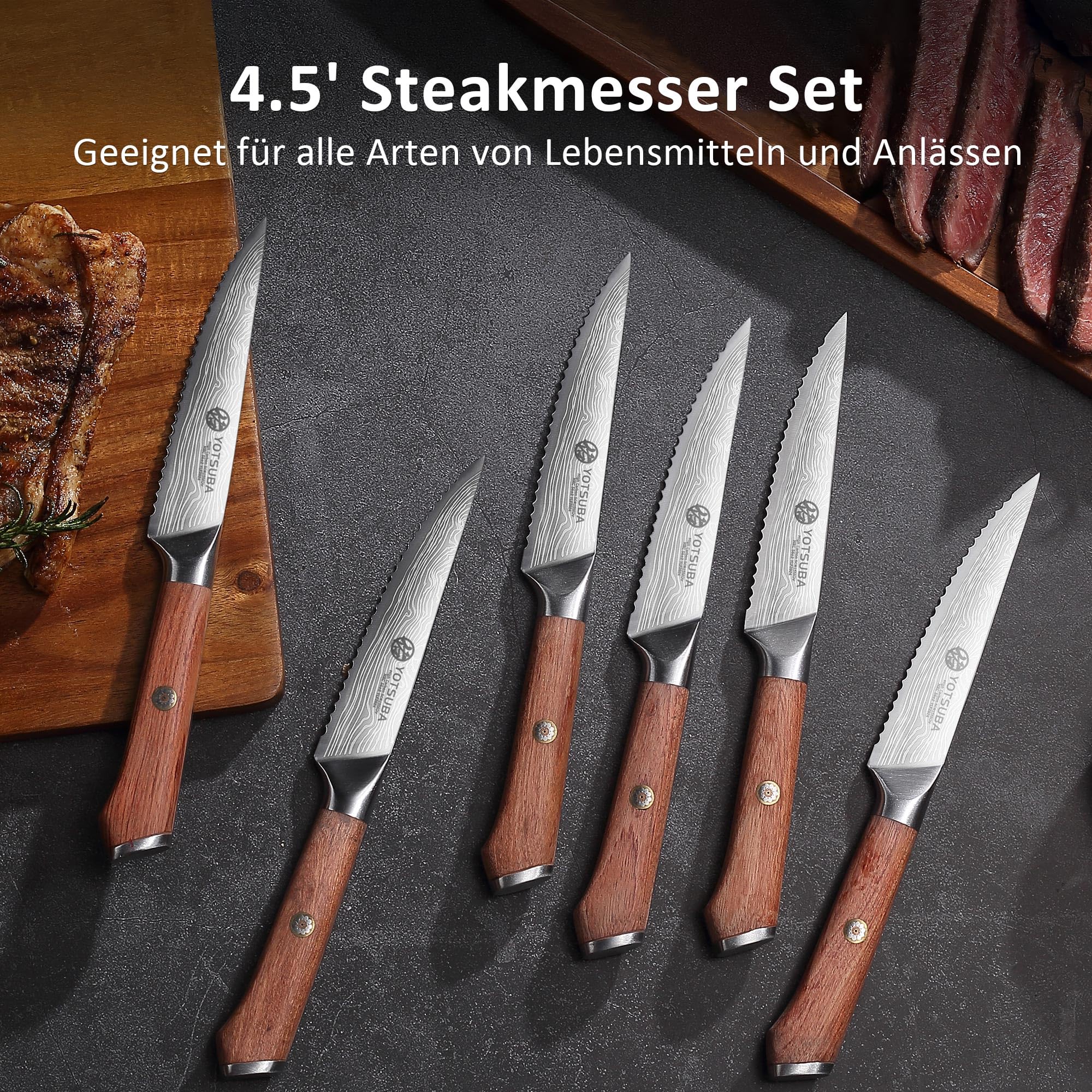 YOTSUBA Steakmesser Set 6-teilig, 12cm Küchen Steakbesteck Messer aus hochwertiger Deutscher Edelstahl, ultrascharfe Gezahnte Steak Küchenmesser und ergonomischer Holzgriff, Tafelmesser Geschenkbox 2
