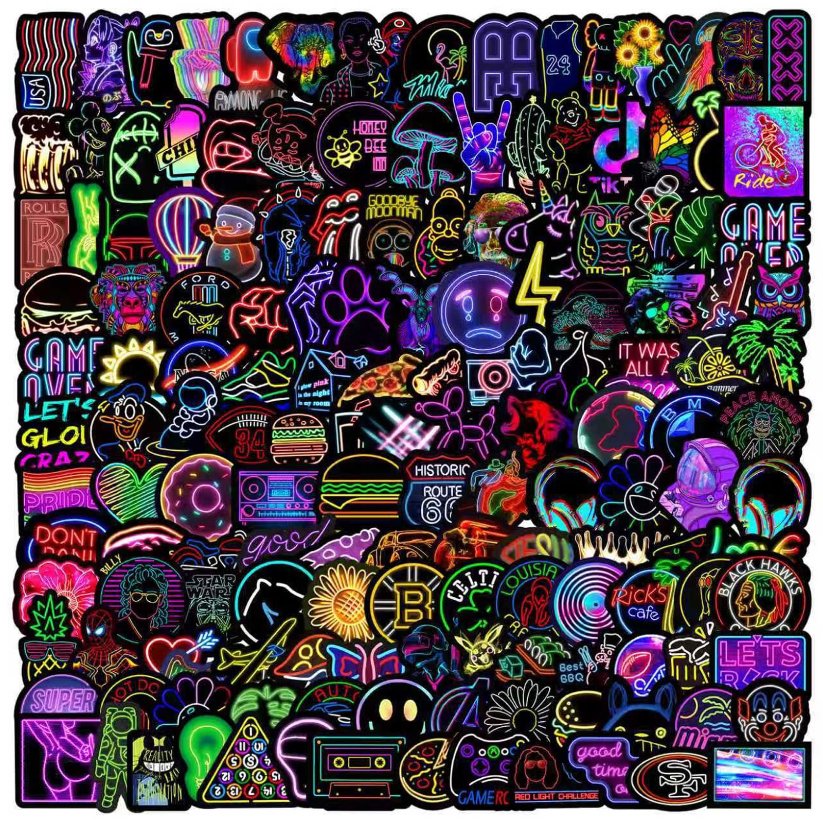 200 Pcs Neon Stickers Pack, Cool Waterproof Vinyl Stickers for Kids Adults Teens, Laptop Stickers for Scrapbook Journal, Skateboard, Water Bottle, Luggage, Teacher Reward Prizes for Children (Style C)