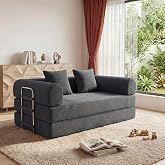 HouseMila Futon Sofa Bed Modular Loveseat Sleeper Folding Pull Out Couch with Pillows, No Assembly Required Boneless Couch for Living Room Bedroom Guest Room (Grey, 53.15" Loveseat Sofa)