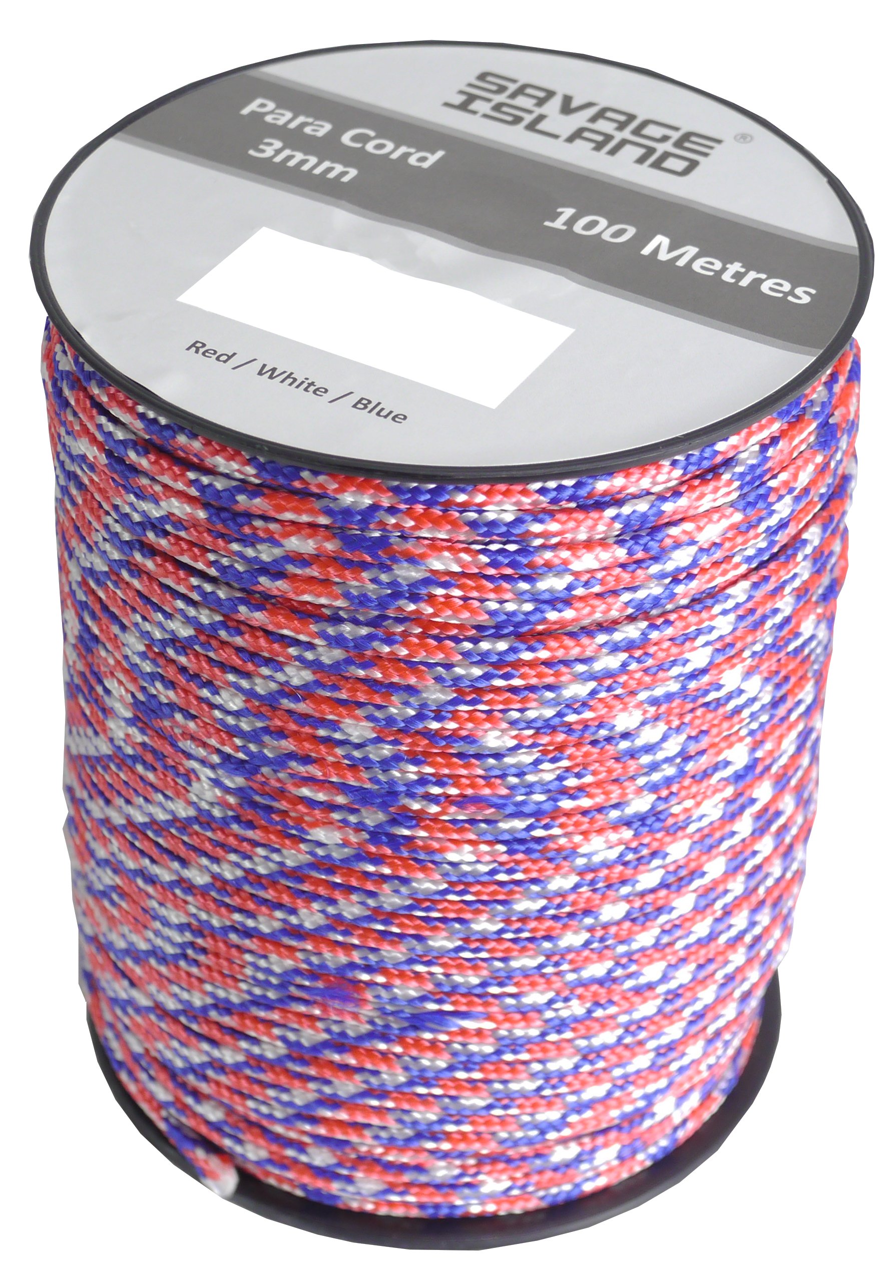 100m Reel Paracord Army Camping for Tent Basha Bivi Shelter Buidling Hammock Gardening Bushcraft in Green, Black, Coyote and Red Colours (Red/White/Blue)