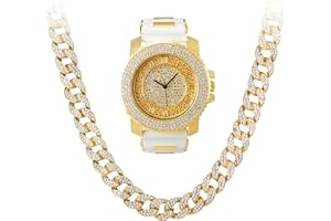 TECHNO PAVE Men's 52mm Oversized Diamond Watch - Iced Out Dial, Bling Case - Comfortable Silicone Band - Quartz Movement - in Gold, Silver, & Gun Black - Single Watches & Watch Sets with Chains and Bracelets