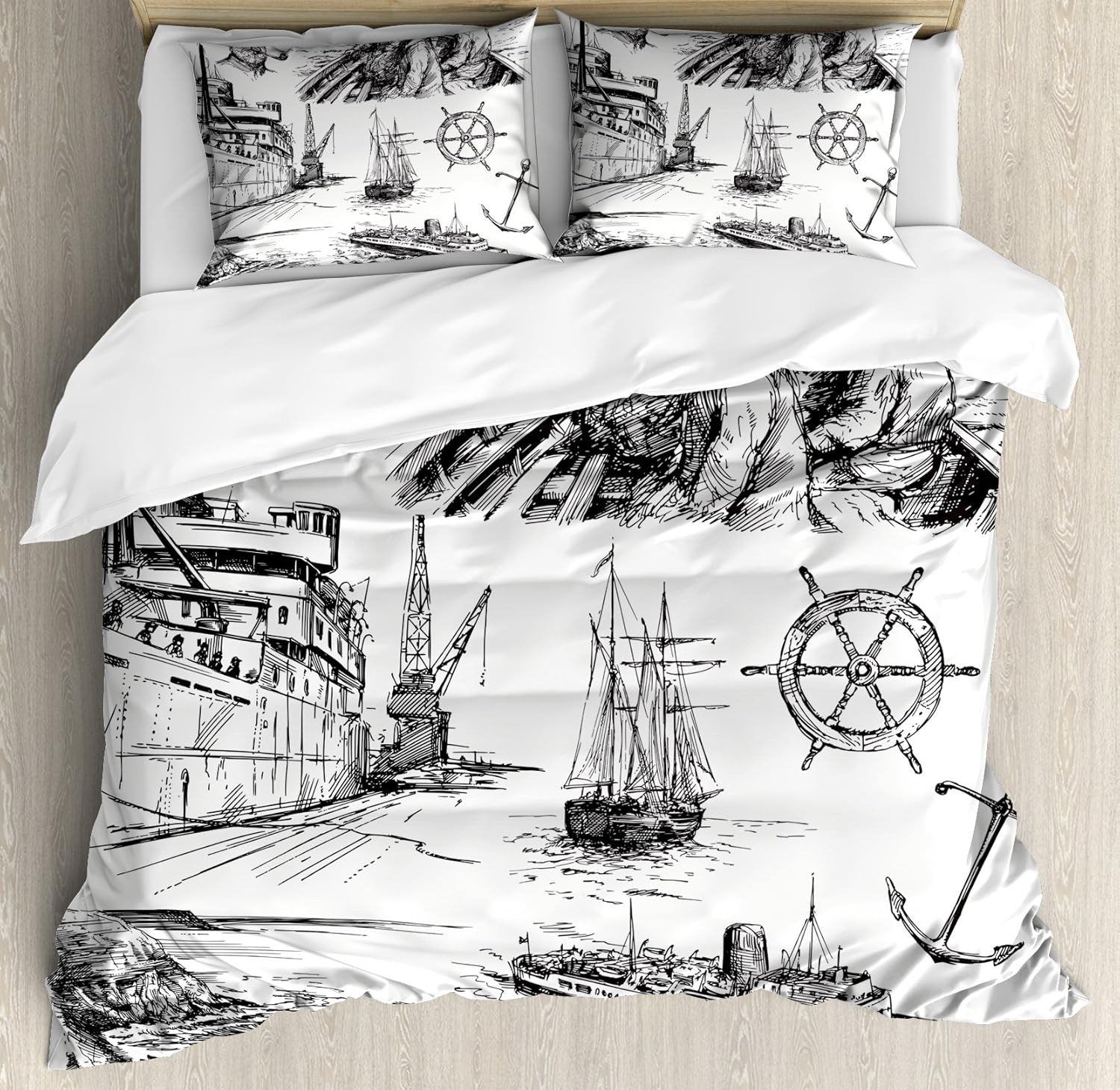 Ambesonne Nautical Duvet Cover Set, Fisherman Captain Seaman Sailboat Old Historic Sketch Monochromic Style Artwork, Decorative 3 Piece Bedding Set with 2 Pillow Shams, King Size, White Black